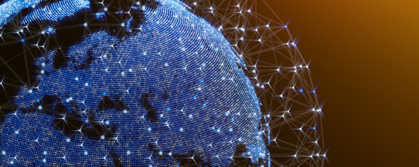 Panoramic view of dotted earth and a digital communication line. Global network connection around the globe. Futuristic technology concept. World wide web. Continents of Europe. 3D rendering. © Tee11