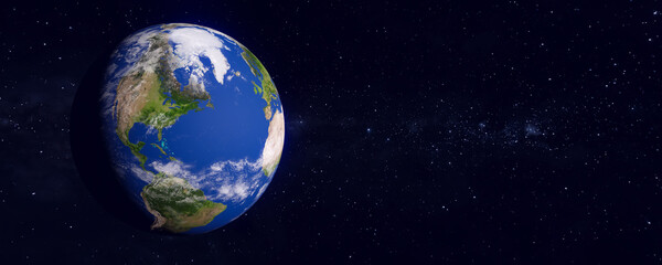 Panoramic view of the earth and galaxy. Blue planet. The World Globe from Space. Showing North America and South America. 3D rendering illustration. Elements of this image furnished by NASA.