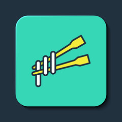 Filled outline Food chopsticks with noodles icon isolated on blue background. Wooden Korean sticks for Asian dishes. Oriental utensils. Turquoise square button. Vector