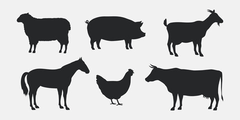 Silhouettes of Farm Animals. Cow, Pig, Sheep, Horse, Hen, Goat. Farm Animals icons isolated on white background. Vector livestock icons. 
