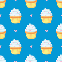 Seamless pattern of cute cupcake with blue creame, pink hearts in cupcake paper. Cream pastries with powder. Cute sugar desserts. Bakery shop, sweet products, cooking. Hand drawn flat vector cupcake.