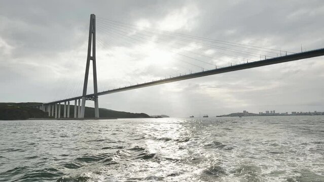 Vladivotok bridge. View from the moving ferry.