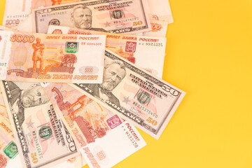 Russian ruble banknotes issued by the Bank of Russia. Financial system and economy of Russia. World monetary system. Trade war economy, business finance investment. Sanctions and Problem.price growth