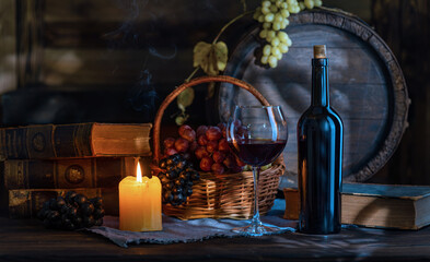 Glass of wine, bottle of wine, grape, vintage books in front of rustic barrels for beverage in dark wine cellar. Empty surfaces for copy space, mock up, template for design of wine, alcohol products