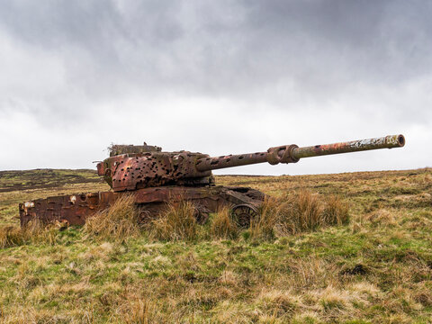 Otterburn ranges, Northumberland, UK with tanks used for target ractice