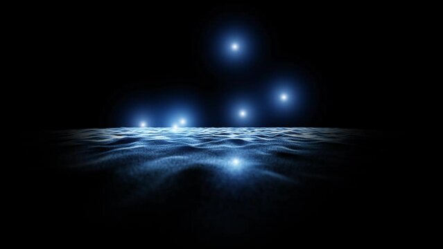 Looping artistic dark blue waves with glowing dot lights motion background.	
