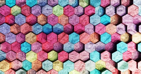 Fototapeta na wymiar Abstract colorful style acrylic paint or oil hexagon texture pattern background. 3d rendering. Wrapping paper.