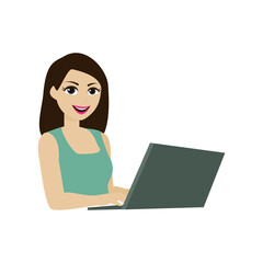 Illustration of a woman using a personal compute. Young woman is working at her laptop. Online shopping, using social media, working or learning via internet concept. Simple flat vector illustration
