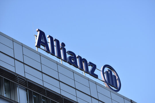 Allianz sign, logo, emblem on the facade of Allianz Insurance Warsaw building, branch of Allianz SE is a German multinational financial services company. WARSAW, POLAND - AUGUST 18, 2021