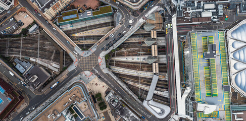 Aerial top down view of a road and railway junction in Birmingham city