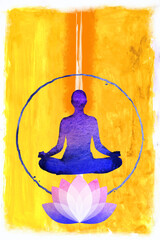 Yoga practice woman in lotus position silhouette. Polygonal yoga relaxation exercise wellness class.Dark blue night chakra points. Buddhism esoteric Kundalini energy illustration