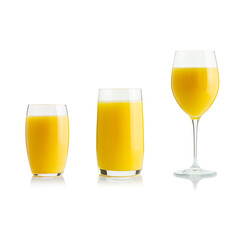 Collection of orange juice in different glasses . eparate clipping paths for each glass. Set of glasses with tropical orange juice