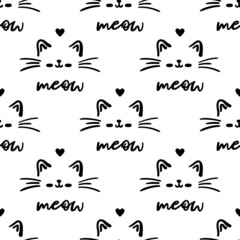 Black cat seamless pattern. Meow and cat paws background vector illustration. Cute cartoon pastel character for nursery girl baby print.