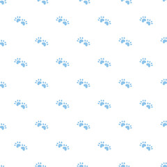 Blue cat seamless pattern. Meow and cat paws background vector illustration. Cute cartoon pastel character for nursery girl baby print.