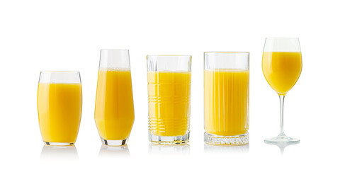 Collection of orange juice in different glasses . eparate clipping paths for each glass. Set of glasses with tropical orange juice