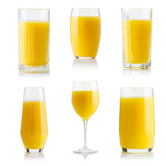 Collection of orange juice in different glasses . eparate clipping paths for each glass. Set of glasses with tropical orange juice