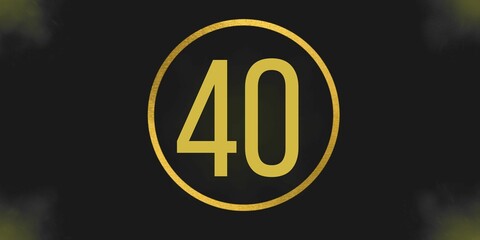 Number 40. Banner with the number forty on a black background and gold details with a circle gold in the middle