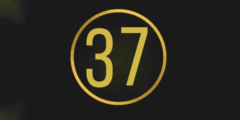 Number 37. Banner with the number thirty seven on a black background and gold details with a circle gold in the middle