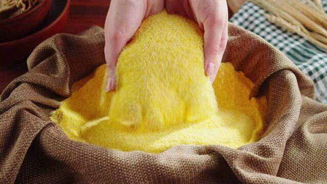 Corn flour texture close-up, cornmeal top view. Harvest season. Cooking healthy breakfast, vegetarian diet. Golden maize flour. Food video concept.