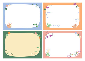 Set of kids borders. Underwater frames set with cute waves, shels. sea theme. Childish printable templates. Vector collection.
