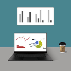 Obraz premium Laptop and office objects. Computer with cup of coffee and board with analytics. Presentation slide template. Office workplace. Illustration in flat style. Data analysis research statistics concept.