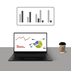 Obraz premium Online digital document inspection or assessment evaluation on laptop computer, analysis, compliance verification. Office workspace, workplace, laptop and cup of coffee. Vector illustration