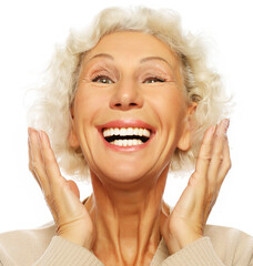 lifestyle, emotion and people concept: Grey haired old nice beautiful laughing woman. Isolated over vwhite background