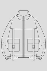 Windbreaker jacket technical fashion illustration sketch, long sleeves, welt pockets. template front sketch jacket, with grey color background. Women, men, unisex. © asiah