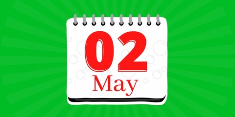 02 may, calendar with the day dois of the month of may in white color and background green