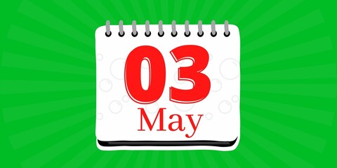 03 may, calendar with the day three of the month of may in white color and background green