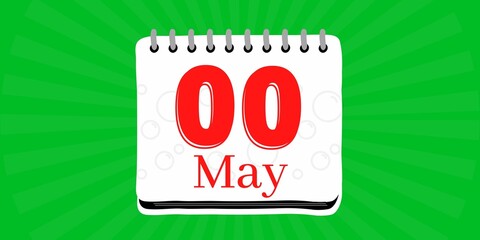 00 may, calendar with the day zero of the month of may in white color and background green