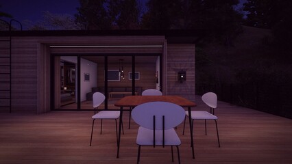 lounge with table and chair on the timber deck at modern wooden house in the night 3d illustration