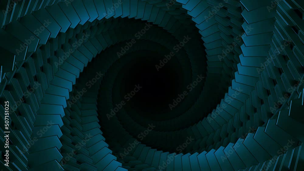 Poster blue and gray background.design.a bright corridor in animation with twisted walls that moves forward