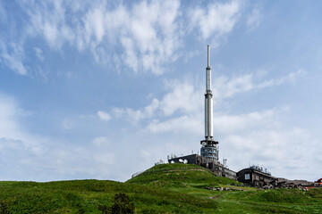 TV tower built on top of the extinct Puy de Dome volcano. Auvergne Volcanoes Regional Park.
