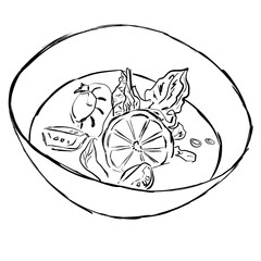 tom yam with shrimp. black and white sketch. thai soup. restaurant dish. asian cuisine