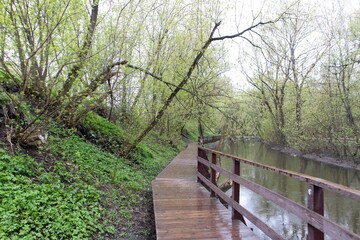 Wooden bridge in spring in the park, high resolution photo
