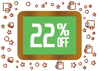 Wooden blackboard with 22% off. Discount banner for promotions with geometric shapes.