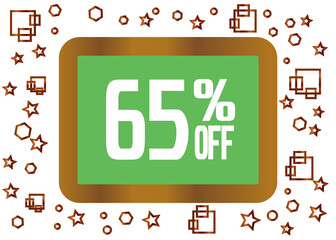 Wooden blackboard with 65% off. Discount banner for promotions with geometric shapes.