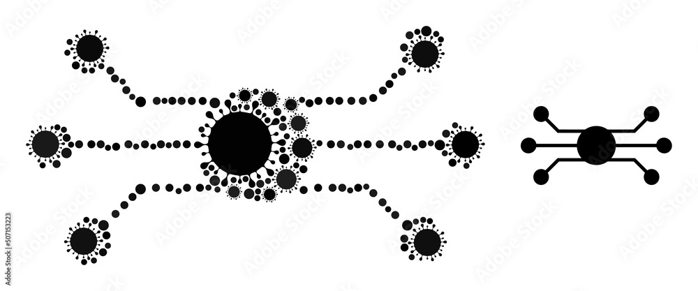 Poster circuit node mosaic icon. vector collage is organized from scattered virus cell icons. virus cell mo