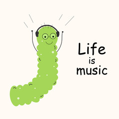 Caterpillar listening to music and happy. Flat style. Cartoon. Minimalistic design. Animal