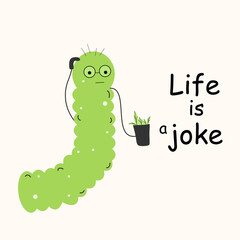 The caterpillar is confused about the meaning of life. Life is a joke. Animal. Caterpillar. Vector stock illustration.