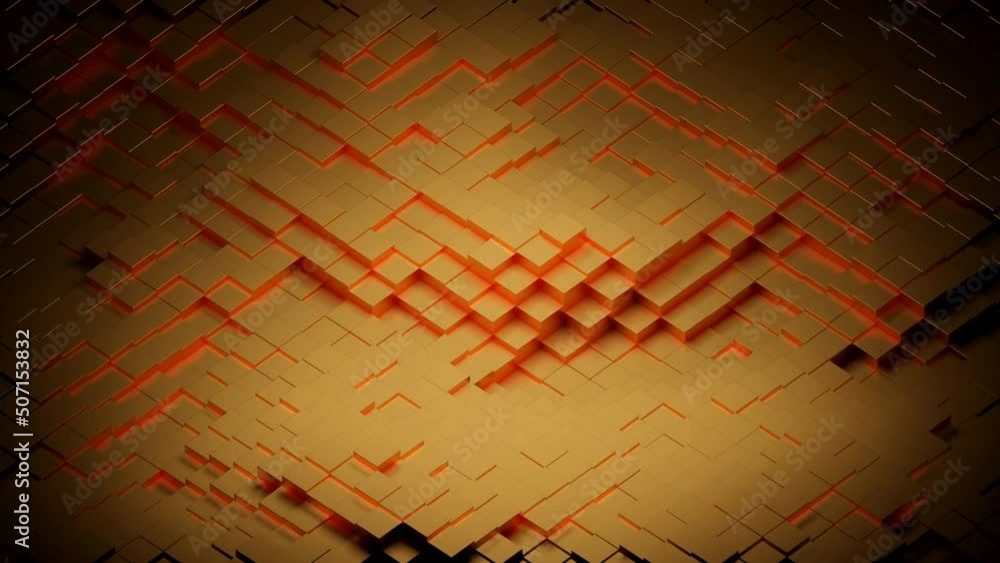 Poster abstract 3d orange background with displacing cubic geometry. design. moving small cubic texture