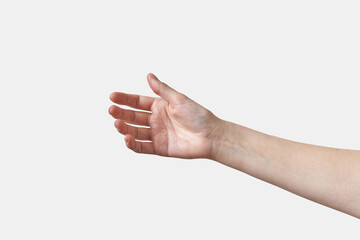 Horizontal reaching or holding female hand on white.