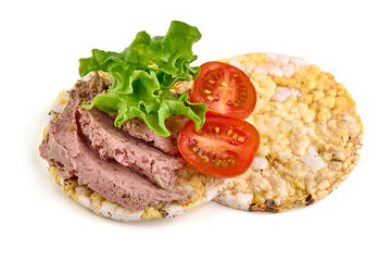 Liver pate sandwich, close-up, isolated on white background.