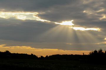 The rays of the evening sun break through the dark clouds. Beautiful dark sky in spring. Lots of free space for text. Evening background.