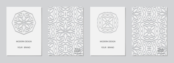 Cover set, vertical templates. Collection of white embossed backgrounds. Ethnic 3d pattern for logo, monogram, invitation, flyer, menu, background. Traditions of the East, Asia, India, Mexico, Aztecs