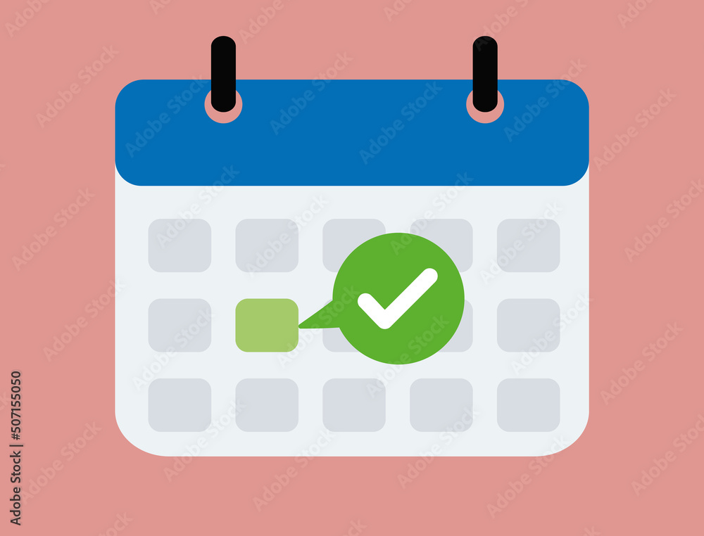 Poster calendar with checkmark or tick notice icon vector. flat cartoon event reminder with check mark as a