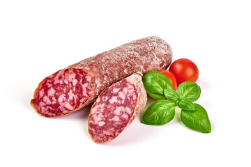 Italian salami with mold, isolated on white background.