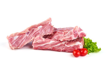 Pork Ribs, raw meat, close-up, isolated on white background.