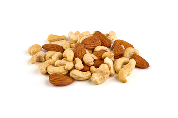 Mix of cashew nuts and almond, isolated on white background.